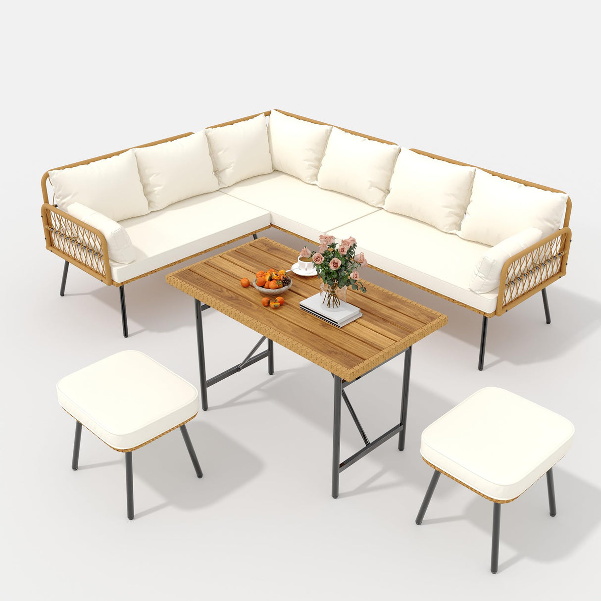 Senfot 6 Pieces Outdoor Patio Furniture Set with Table, All-Weather Boho Wicker Rattan Patio Sectional L-Shaped Sofa, Metal Frame, Detachable Cushions, for Patio, Balcony, Backyard, Deck, Beige Senfot