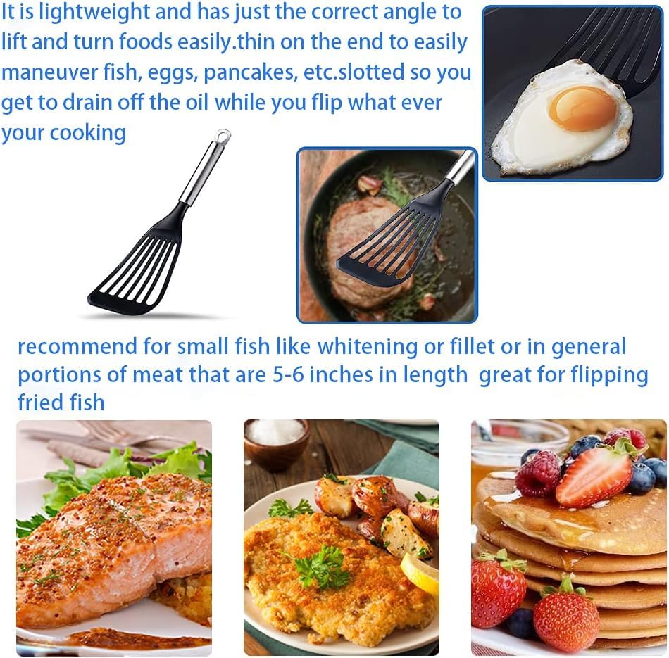 KSENDALO Fish Spatula for Nonstick Cookware -Slotted Turner Egg Spatula -Wide Thin Spatula with European Nylon Blade for Kitchen Use- Egg Flipper Utensils, Black KSENDALO