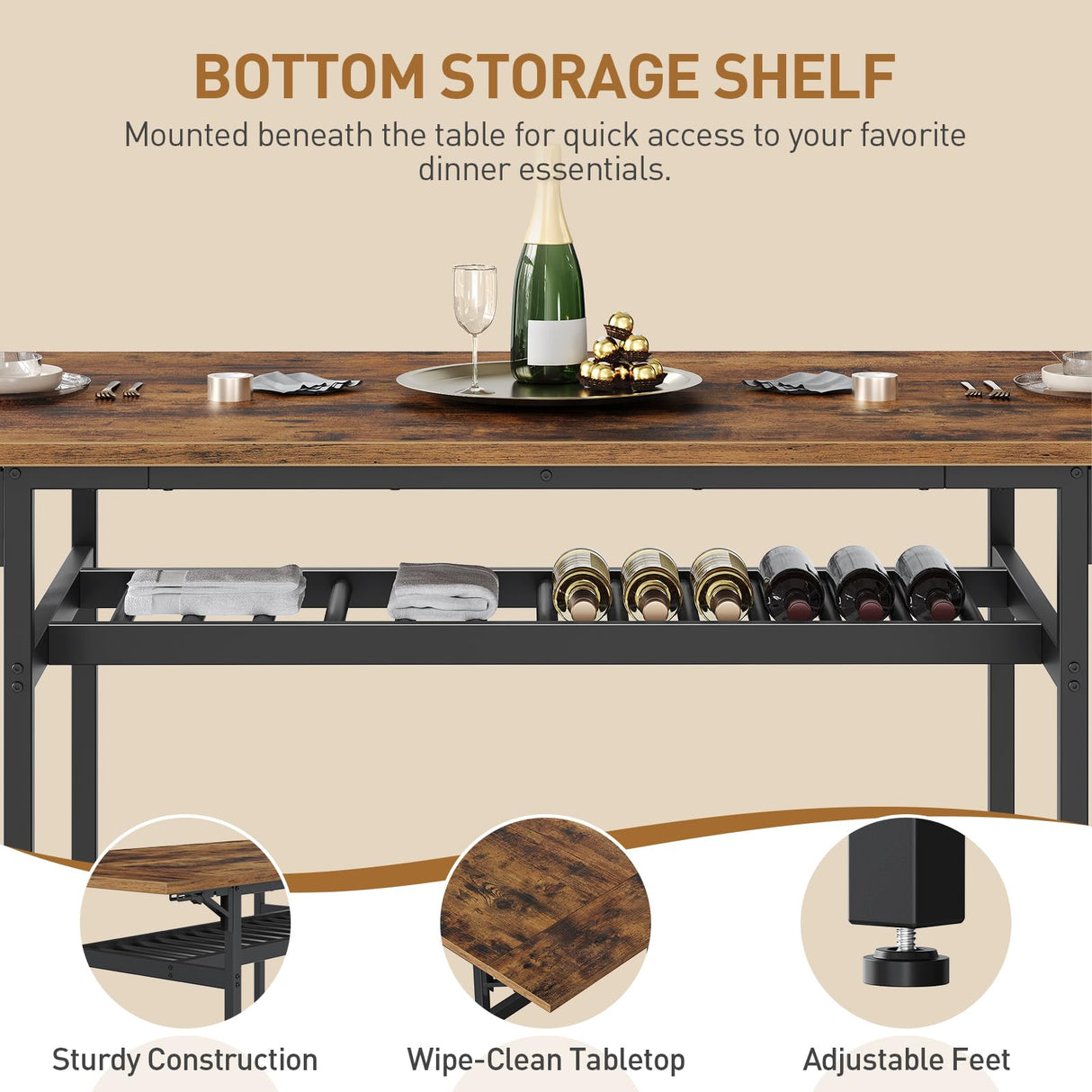 RALGEND 7-Piece Dining Table Set for 4-6, 63" Extendable Kitchen Table and 6 Chairs, Rectangle Dining Room Table Set for 6 with Wine Rack for Small Saving Space, Rustic Brown and Black RALGEND