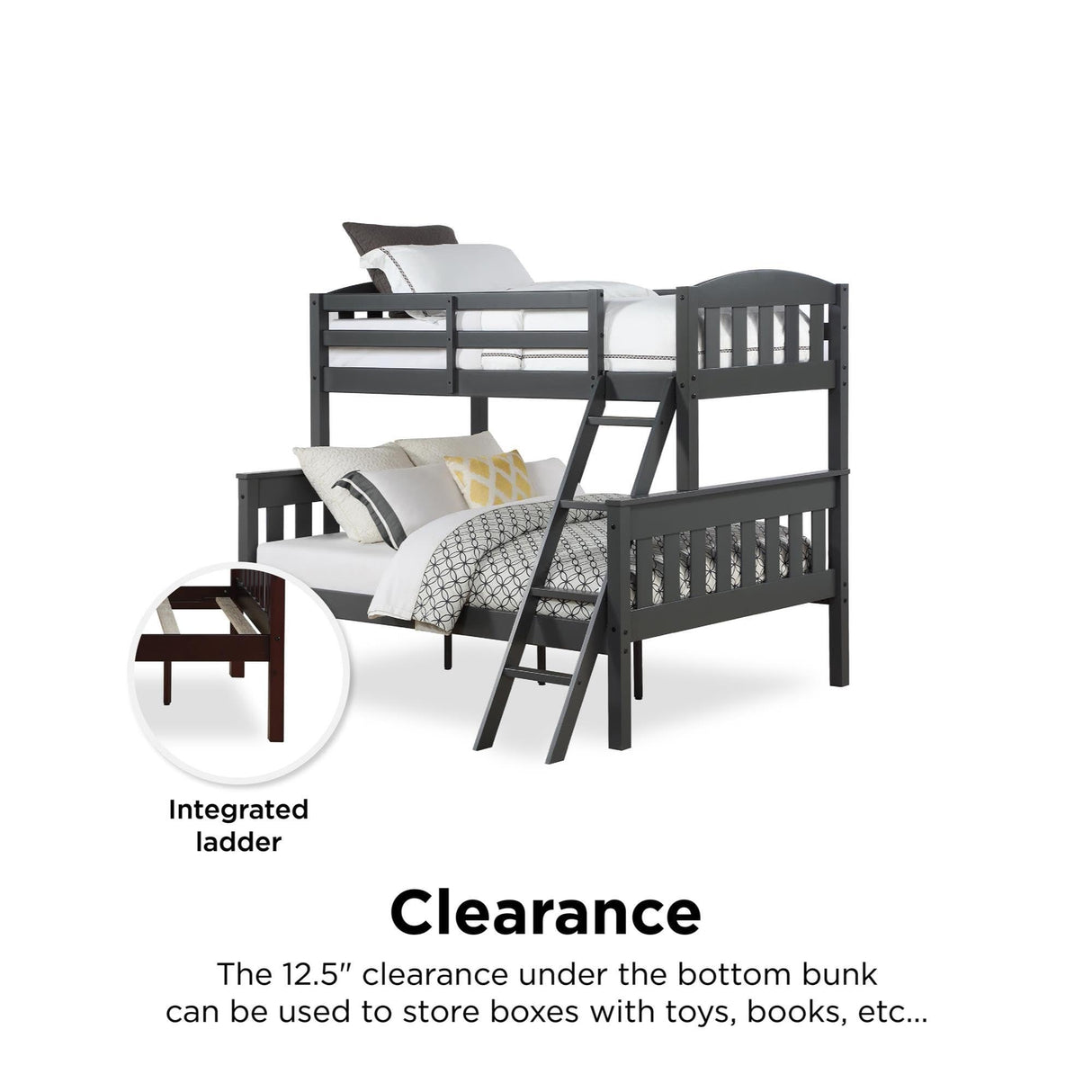 DHP Airlie Convertible Wood Bunk Bed, Stackable and Detachable Bed Frames for Kids and Teens, with Angled Ladder, High Guardrail, Wood Slats, No Boxspring Required, Twin-Over-Full, Slate Gray DHP