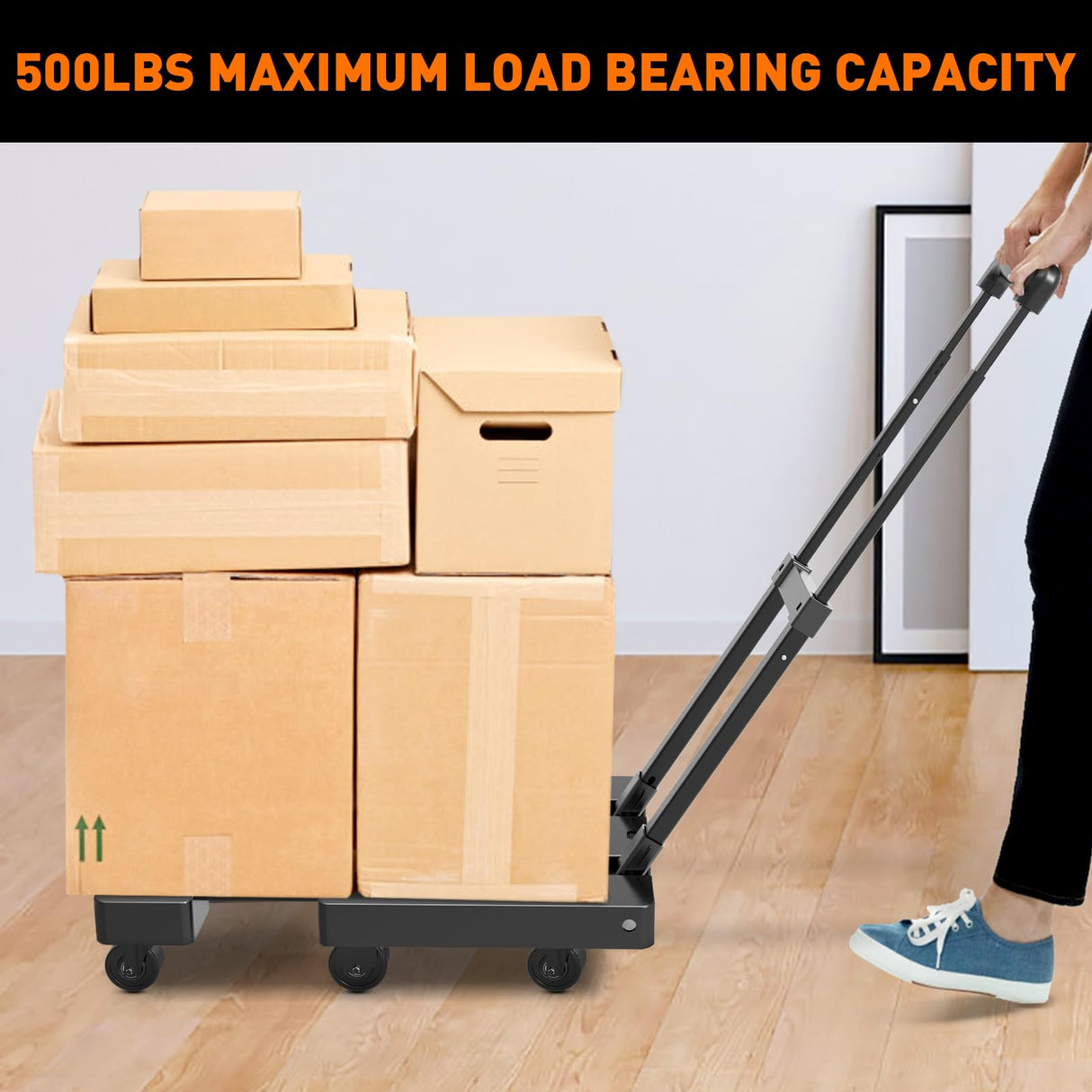 Ronlap Folding Hand Truck, Foldable Dolly Cart for Moving 500lbs Heavy Duty Luggage Cart Portable Platform Cart Collapsible Dolly with 6 Wheels & 2 Ropes for Travel House Office Moving, Black Ronlap