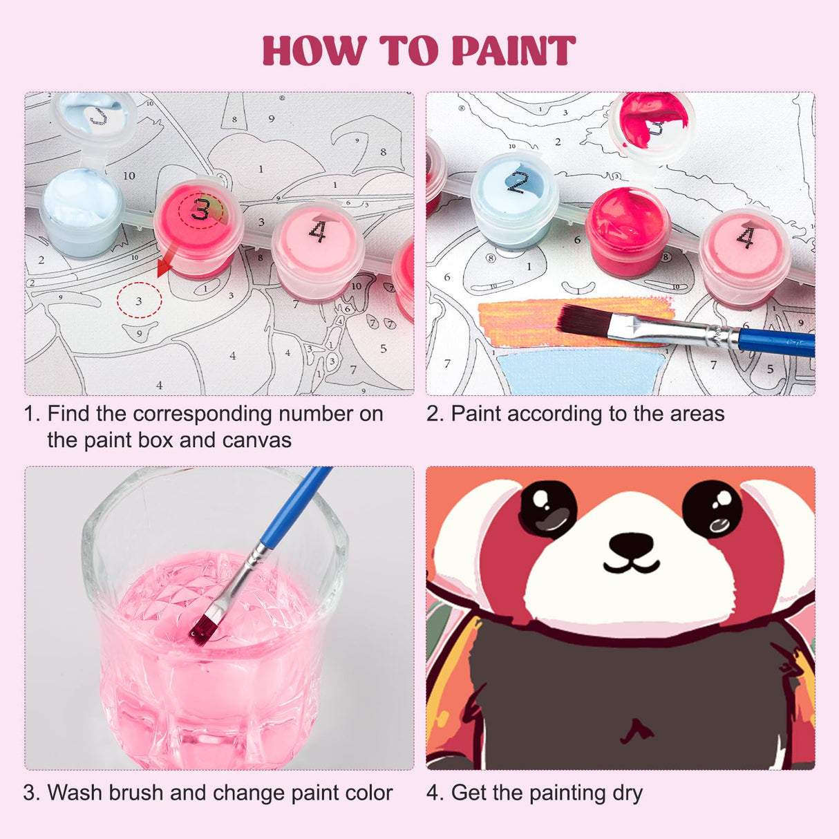 MXJSUA 4 Pack Cute Panda Bear Animal Paint by Numbers Kit with Framed Canvas for Ages 6-12 Kids, Paint by Numbers Kits for Children Beginners, Acrylic Oil Painting for Home Wall Decor Gift (8x8 inch) MXJSUA