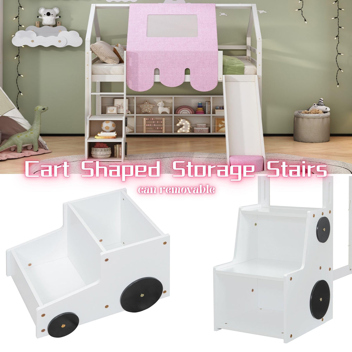 Kids Loft Bed Full Size, Full Loft Bed with Slide and Ladder, Kids House Loft Bed with Storage Shelf and Removable Tent, Full Size Loft Bed for Girls, Boys(Full White Pink) Bellemave