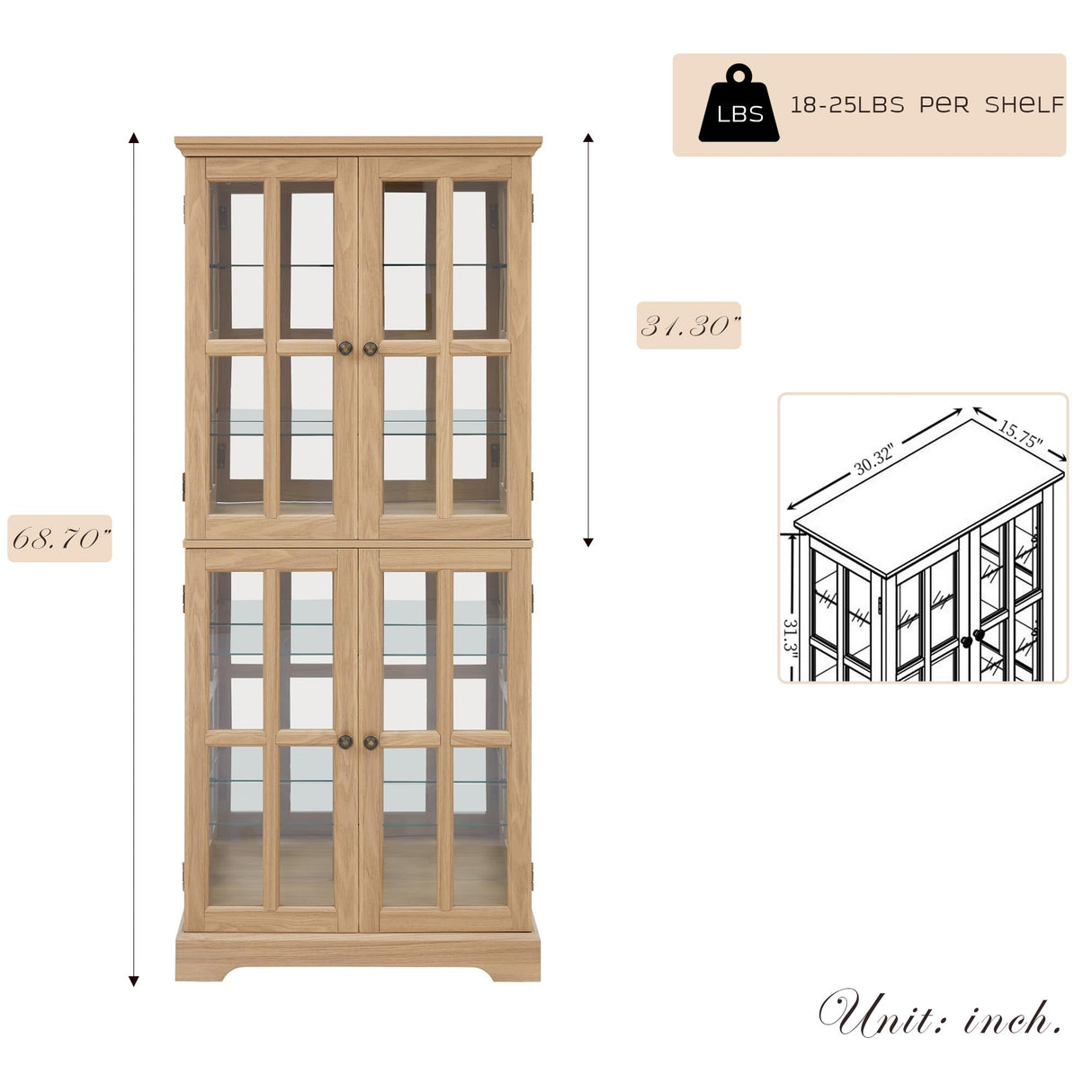 Eyisean Lighted Display Curio Cabinet 69" H China Cabinet with 4 Glass Doors, 6 Shelves, Freestanding Glass Display Cage Wine Cabinet Storage Rack for Bar and Liquor Storage (Oak) Eyisean