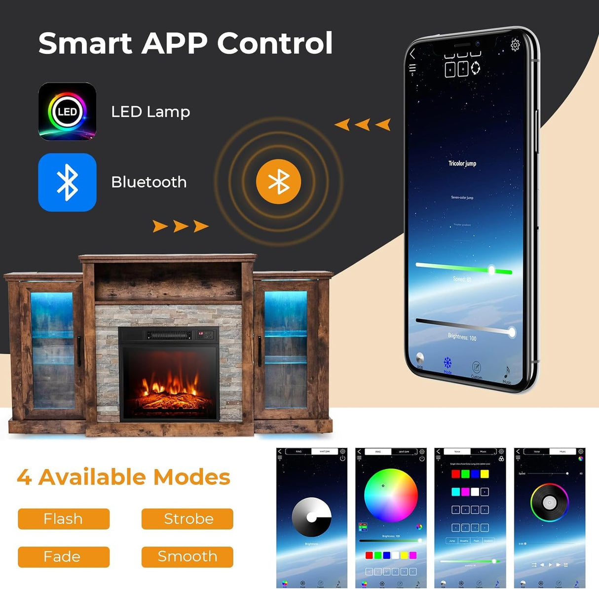 Byroce Electric Fireplace TV Stand BC-0111-US, 59’’ x 13’’ x 32.5’’ (L x W x H), Brown Byroce