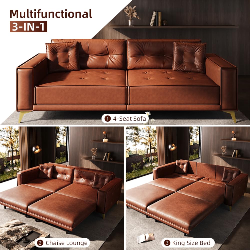 Skipity Sigmo 92" King Pull Out Sofa Bed, PU Leather Convertible Sleeper Couch with Tufted Design, Oversized 4-Seater Modern Mid Century Sectional Couch for Living Room, Small Spaces, Light Brown Skipity Sigmo