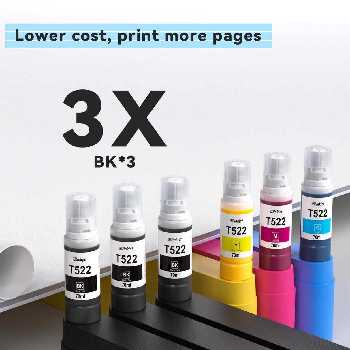 Osinkjet 522 Ink Refill Bottles for Eco Tank ET-2800 ET-2720 ET-2803 ET-2400 ET-4800 ET-4700, 522 Ink Bottle for Eco Tank ET-2840 ET-4810 Printer, T522 Ink Refill Bottles Combo Pack(3BK C M Y) Osinkjet