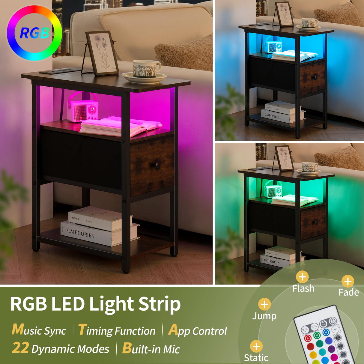 Yoobure End Table with Charging Station, Narrow Side Table with Adjustable Fabric Drawer, 3-Tier End Tables Living Room, Small Nightstand with Outlets, LED Skinny Night Stand for Bedroom Small Spaces Yoobure