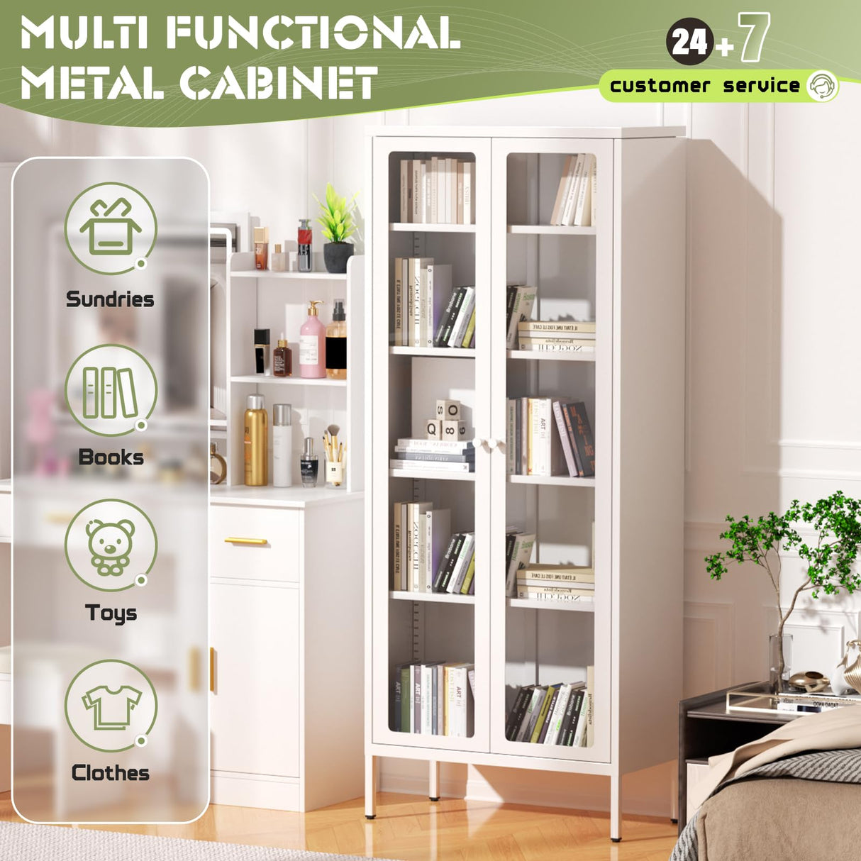 Crownland Modern Metal Display Cabinet with 4 Adjustable Shelves, White Glass Doors, 5 Tiers, Home Office, Living Room Crownland