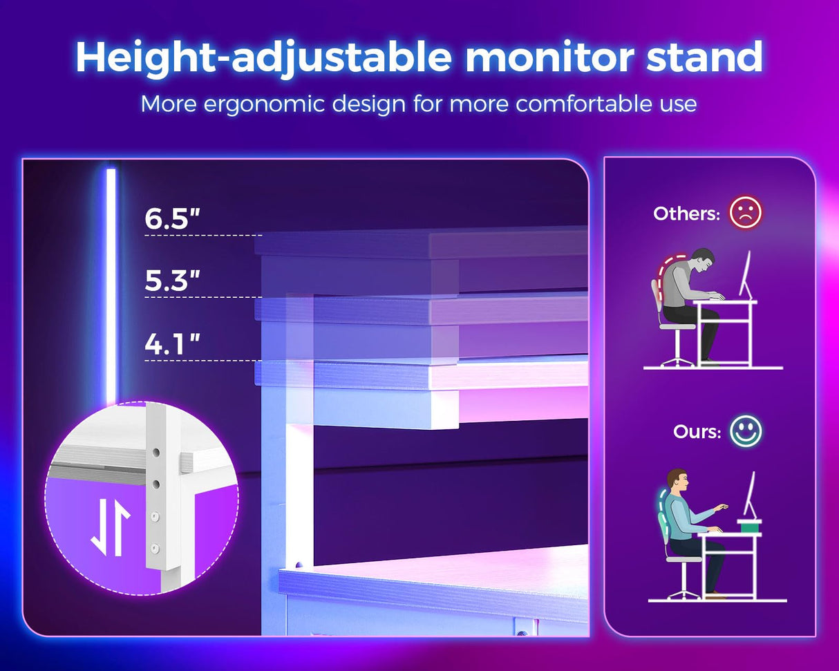 MOTPK White L Shaped Gaming Desk with Power Outlet, Reversible Computer Desk with Height Adjustable Monitor Stand, Coner Desk 43inch with LED Lights, Home Office Desk MOTPK