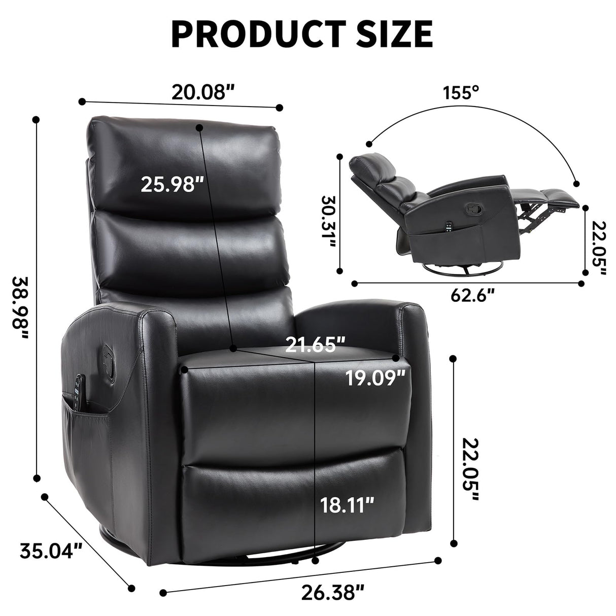 Massage Chair Recliner with Heat, Swivel Rocking Chair Recliner with High Back, Manual Lazy Boy Recliners for Adults,Small Recliner Chair for Small Spaces, Living Room Bedroom, Fabric (Black) Thctvous