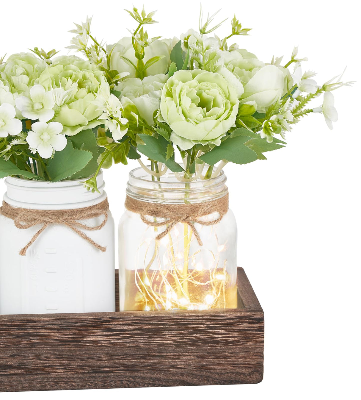 Mkono Mason Jar Lights Centerpiece Table Decorations for Dining Room Farmhouse Coffee Table Decor Wood Tray with 3 Jars Flowers Christmas Home Decor (Light Green) Mkono