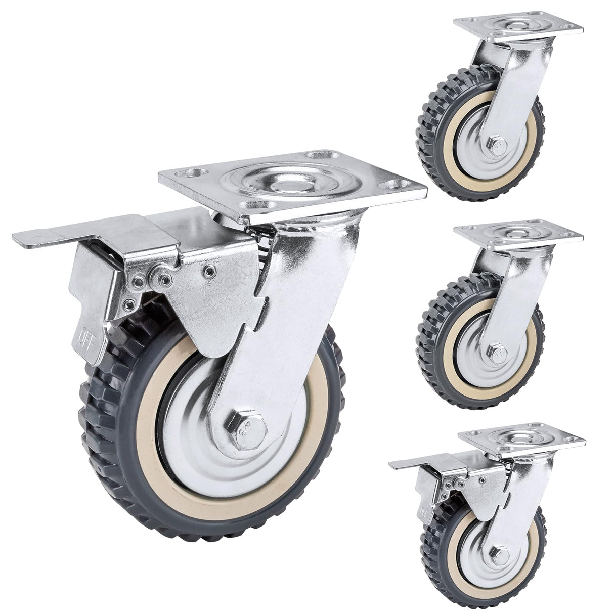NestChic 4 Pack Heavy Duty Plate Casters Set, 8 Inch Swivel Wheels with Brake, Anti-Skid 360 Degree Ball Bearing Castors (2 with Brake, 2 Without) NestChic
