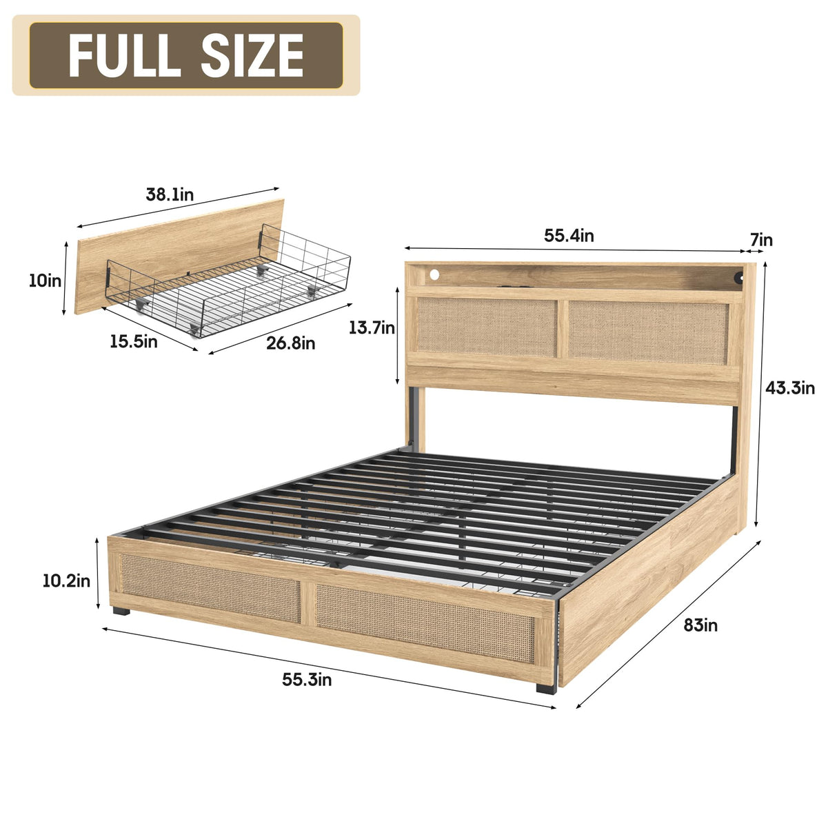 Fameill Boho Full Bed Frame with LED Lighting, Rattan Storage Headboard & 4 Drawers Fameill
