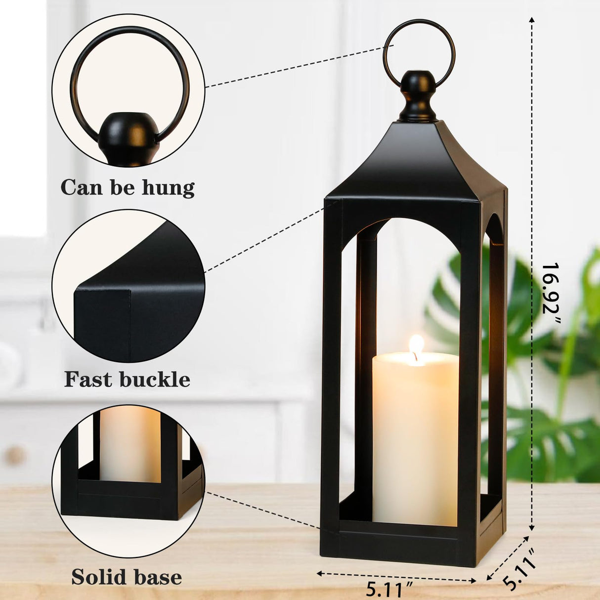 Modern Farmhouse Lantern Decor, Black Metal Decorative Hanging Candle Lanterns Ideal for Home Decor, Parties & Events, 15.1" High (No Glass Panel) SUJUN