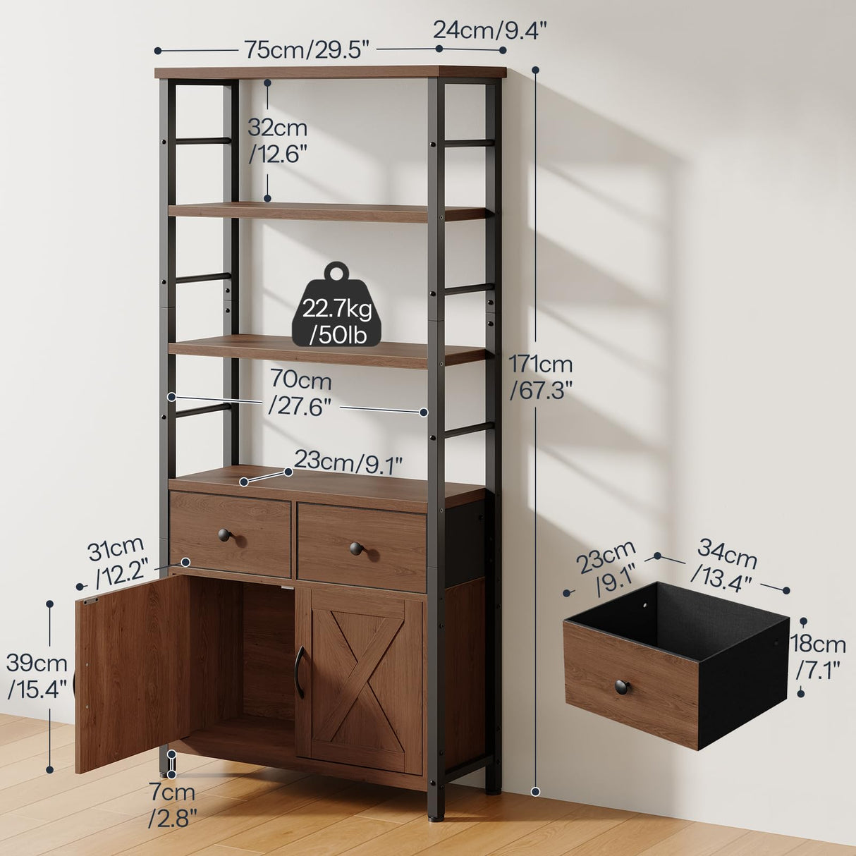 HOOBRO Bookshelf with Doors, Rustic Bookshelf with Drawers, Industrial Display Standing Shelf Units, Wooden and Metal Storage Shelf for Living Room, Home Office, Dining Room, Walnut and Black BH75SJ01 HOOBRO