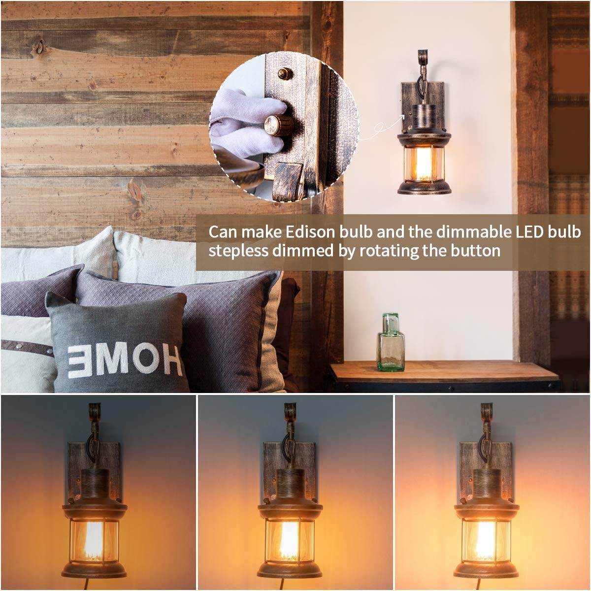 Rustic Wall Light, 2-in-1 Oil Rubbed Bronze Vintage Wall Light Fixtures Plug in Industrial Glass Shade Lantern Lighting Retro Lamp Metal Wall Sconce for Home Bedroom Dining Room Cafe(2 Pack) Yisuro