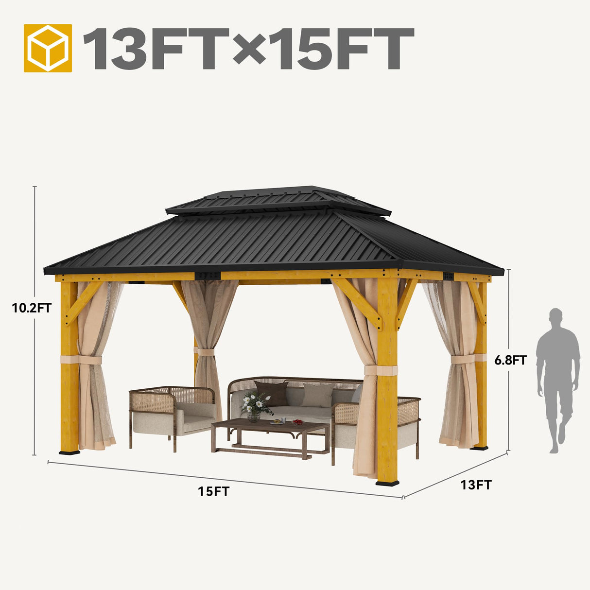 DWVO 13X15FT Gazebo Wood Outdoor Wooden Frame Double Roof Hardtop Galvanized Steel Top Canopy w/Curtain and Netting, Patio Heavy Duty for Deck, Backyard, Beige Yellow DWVO