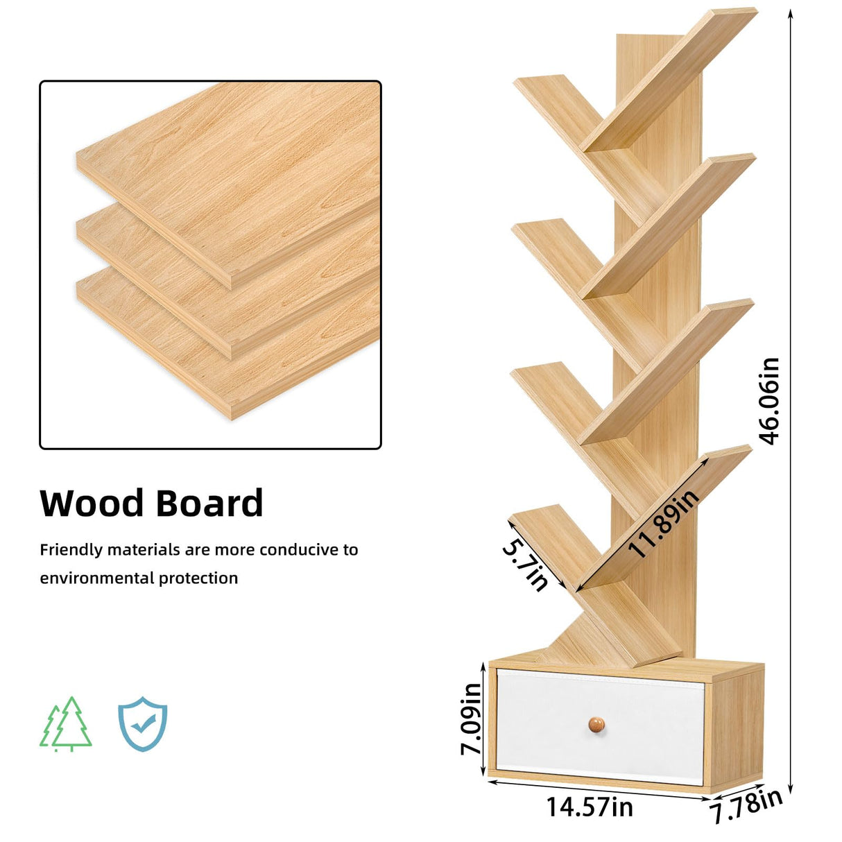 SHEEPAM 8-Tier Natural Wood Tree Bookshelf with Drawer for Home Office and Living Room Storage SHEEPAM