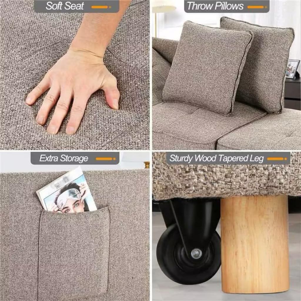 SEJOV Sofa Bed Chair 4-in-1 Convertible Chair Bed, 3-Seat Linen Fabric loveseat Sofa with 2 Throw Pillow, Single Recliner for Small Space with 5 Adjustable Backrest, Brown Grey SEJOV