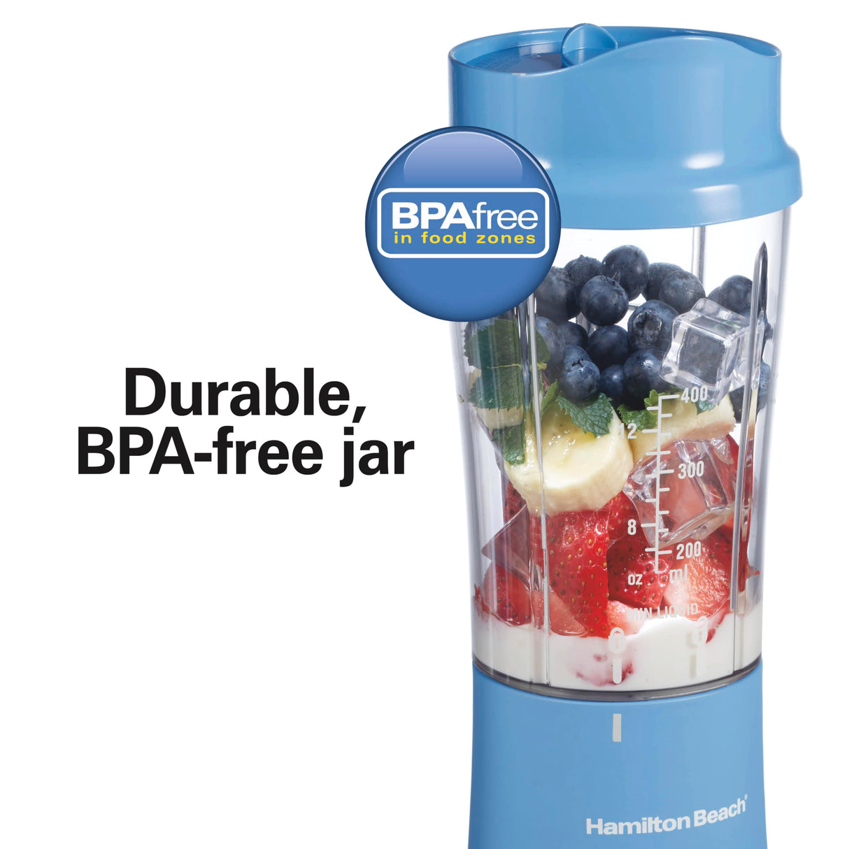 Hamilton Beach Portable Blender for Shakes and Smoothies with 14 Oz BPA Free Travel Cup and Lid, Durable Stainless Steel Blades for Powerful Blending Performance, Tranquil Blue (51172) Hamilton Beach