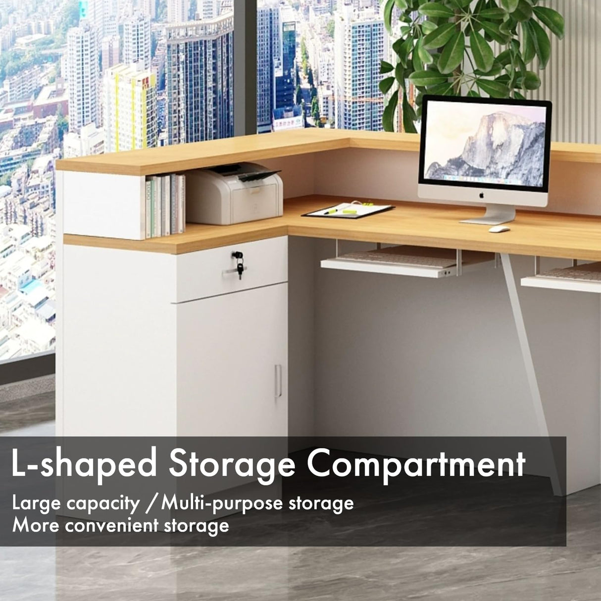 Gguileb L Shaped Reception Desk, Solid Wood Front Desk with Counter & Lockable Drawers, Retail Checkout Customer Service Counter for Home Office Lobby Store,(Wood,70.9in-Left) Gguileb