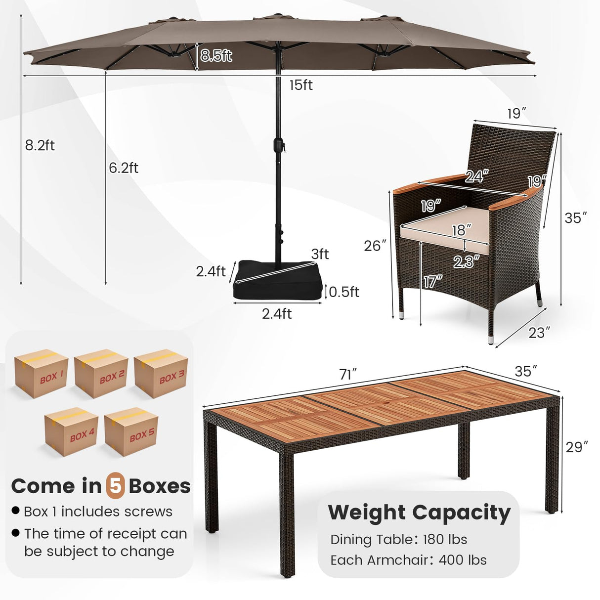 Tangkula 11 Pieces Patio Dining Set with 15ft Double-Sided LED Patio Umbrella (Base Included), Outdoor Rattan Furniture Set with 8 Stackable Chairs, Acacia Wood Dining Table and Umbrella (Coffee) Tangkula