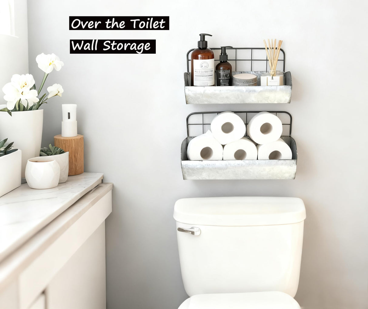 ShabbyDecor Galvanized Metal Farmhouse Wall Storage Holder Rustic Tin Shelves for Kitchen Laundry Room Bathroom Metal Hanging Wire Basket Set of 2 ShabbyDecor