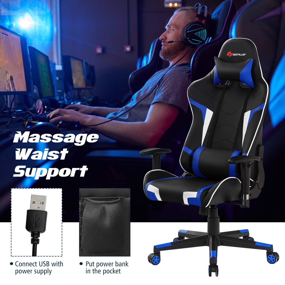 Goplus Gaming Chair, Massage Office Chair Computer Gaming Racing Chair, High Back PU Leather Adjustable Arms Headrest Ergonomic Reclining Game Chair, Rolling Swivel Executive Chair Goplus