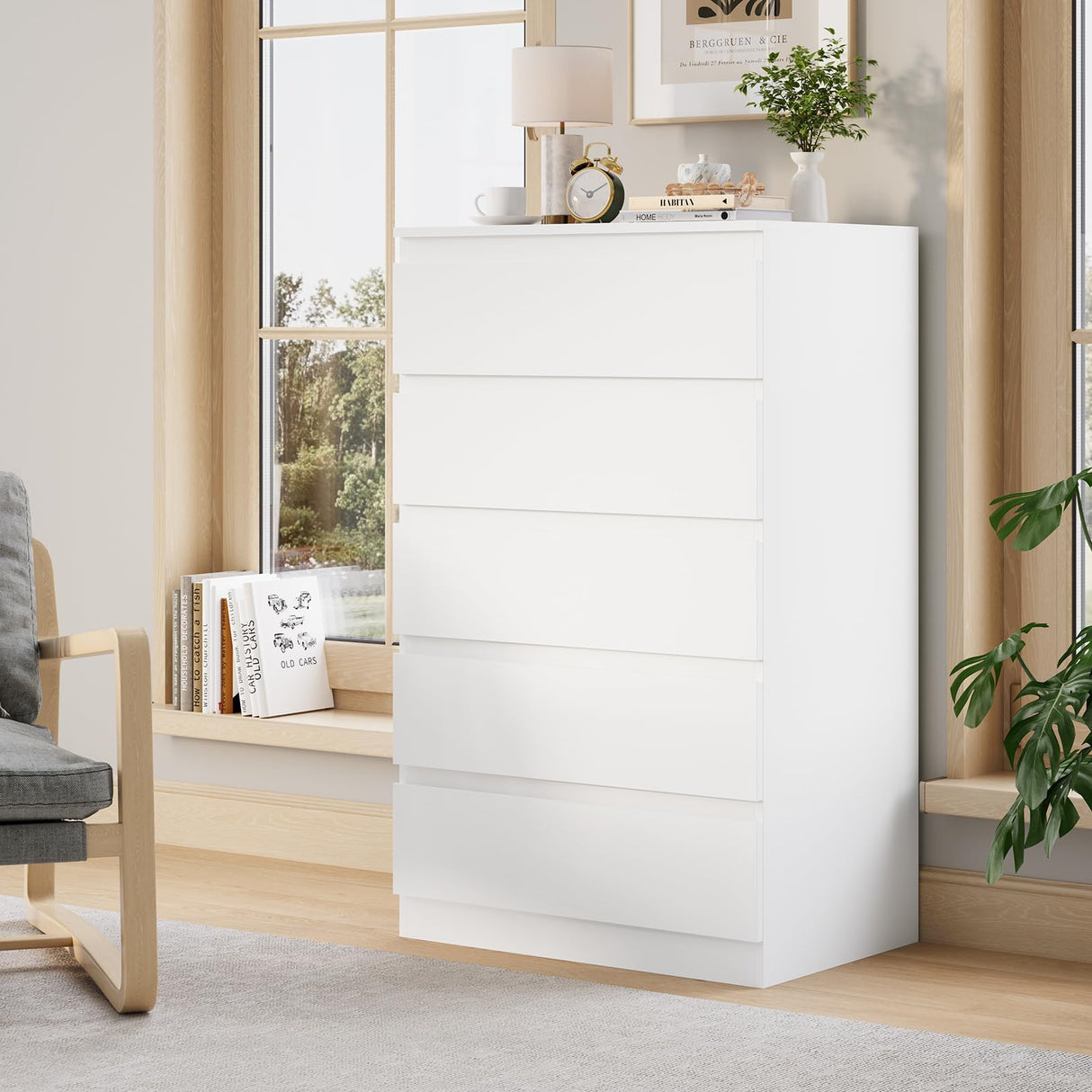 OtterOasis White Wood Dresser for Bedroom, 5 Drawer for Clothes Storage, Modern Dresser with Wide Drawers, Wide Wooden Chest Drawers for Living Room, Entryway, TV Stand OtterOasis