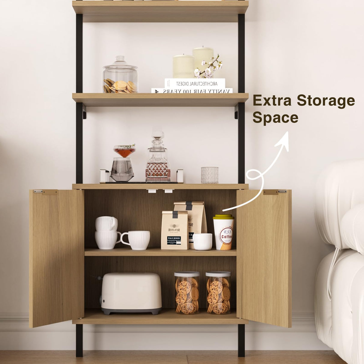Ladder Bookshelf with Cabinet, 71" Tall Wall Bookshlef with Shelves & Storage, Fluted Ladder Shelf with Metal Frame, 6-Tier bookcase Shelf for Living Room, Home & Office, Bedroom, Natural & Black FiveWillowise