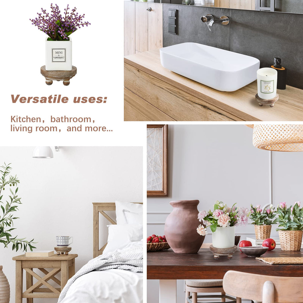 Set of 4 Mini Wood Risers for Decor Round Wooden Riser Small Wooden Stool Display Decorative Riser Stand Farmhouse Risers Rustic Wood Pedestal Stand for Plant Pot Tiered Tray Cake Food Home (Brown) Yalikop