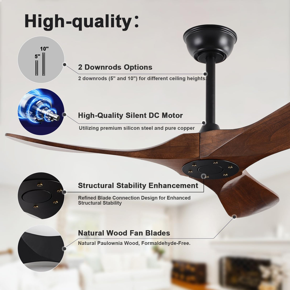 FISHMIX Ceiling Fans without Lights, Solid Wood Ceiling Fan No Light with Remote Control Indoor Outdoor Ceiling Fans for Patios, Living Room, Bedroom, Farmhouse and Gazebo (Dark Walnut, 42 INCH) FISHMIX