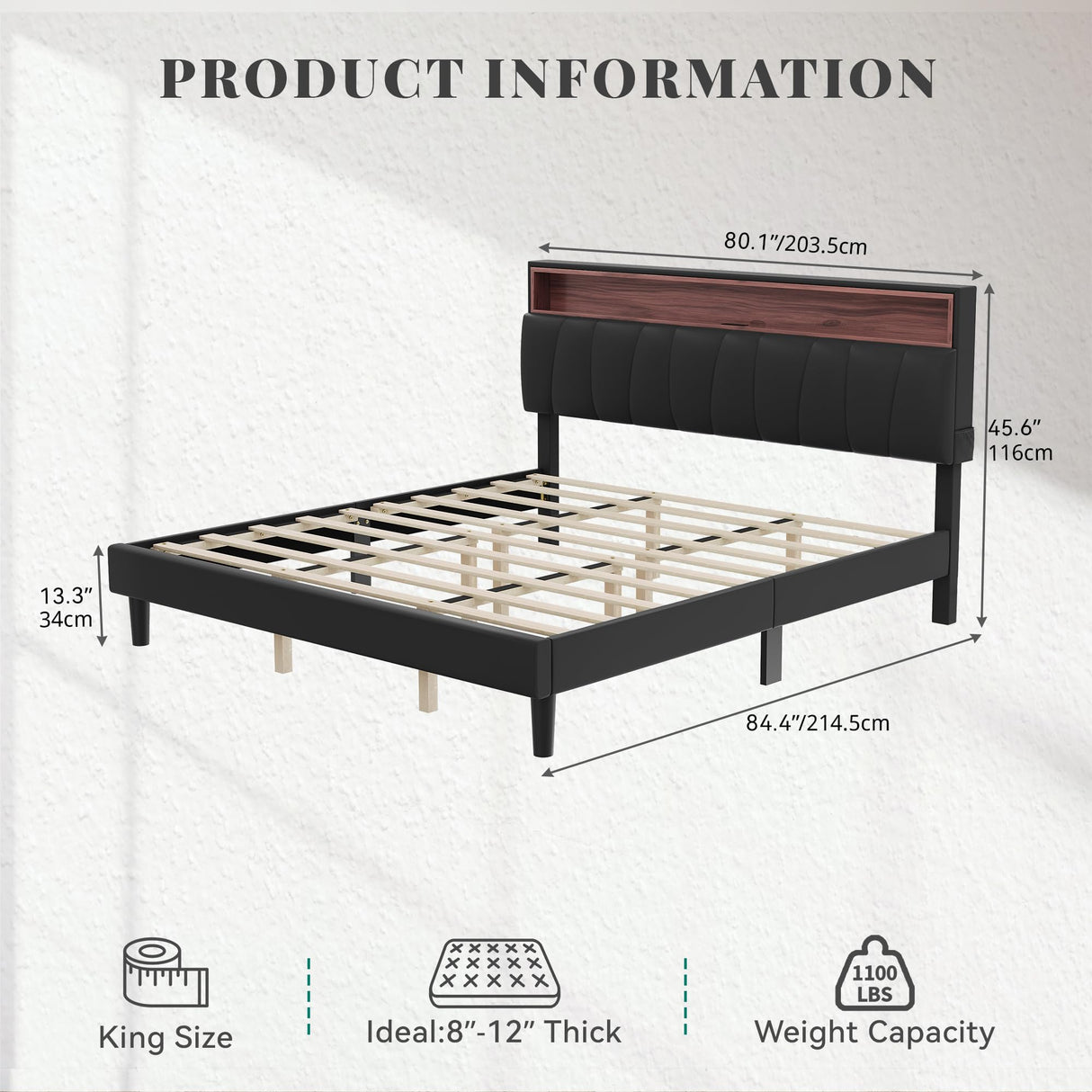 YITAHOME King Size Bed Frame, LED Bed Frame with Storage Upholstered Headboard, Platform Bed with Outlet & USB Ports, No Box Spring Needed, Easy Assembly, Black YITAHOME