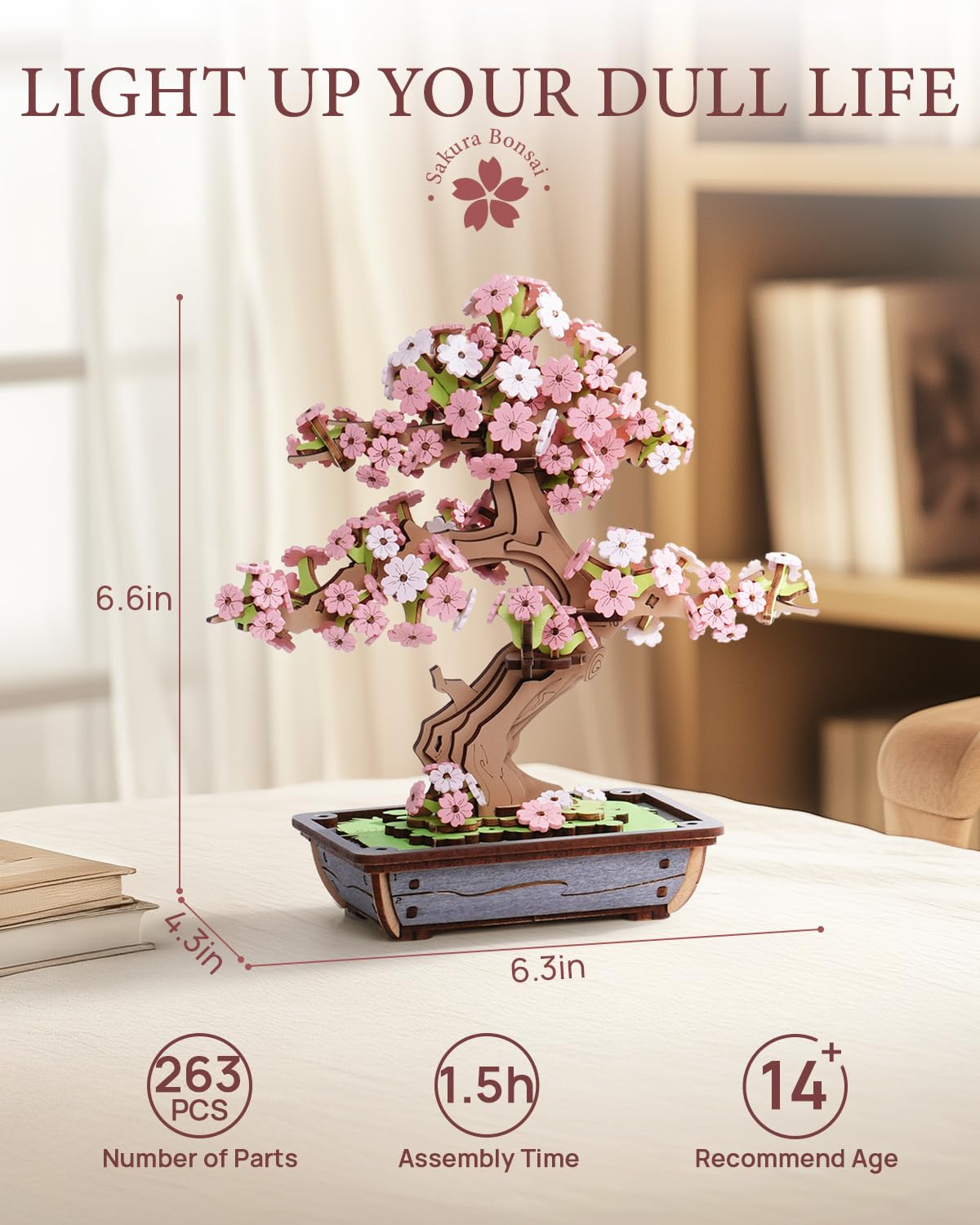 ROBOTIME Sakura Bonsai 3D Puzzles Wooden Artificial Cherry Blossom Tree DIY Model Building Kit for Home Decoration and Office Art Creative Gifts ROBOTIME