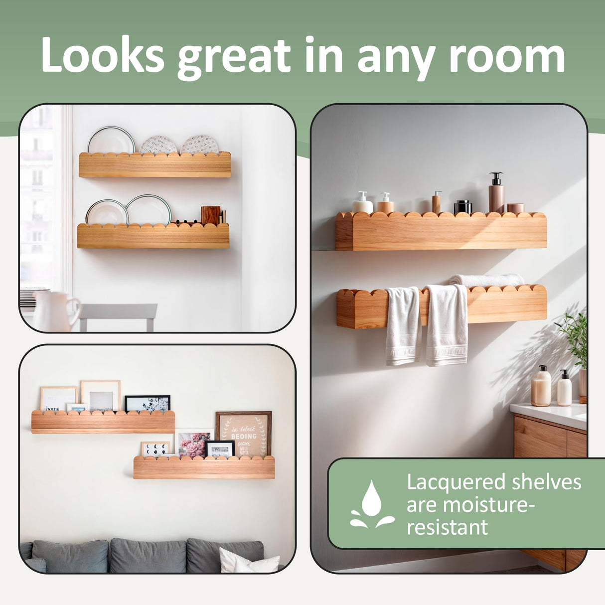 Green Goods Supply Scalloped Shelves - Set of 2 Pre-Assembled 15.6inch Floating Nursery Book Shelves, Scalloped Book Shelf - Kids Wall Bookshelf, Nursery Decor, Floating Shelves for Wall Green Goods Supply