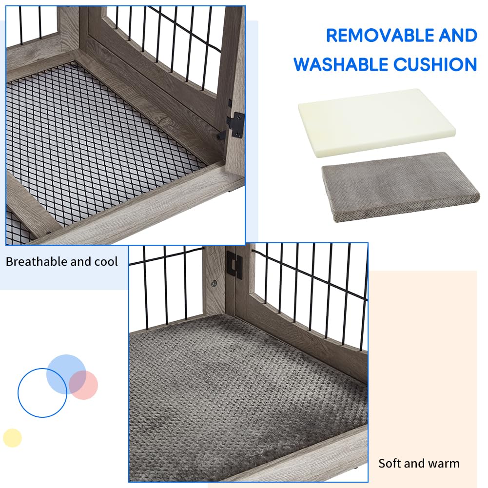 Dog Crate Furniture with Double Drawers, Wooden End Table Dog Kennel, Furniture Style Wood House Crate for Small/Medium/Large Dogs, Decorative Dog Crate with Storage for Large Breed, 32 Inch,Gray IDEALHOUSE