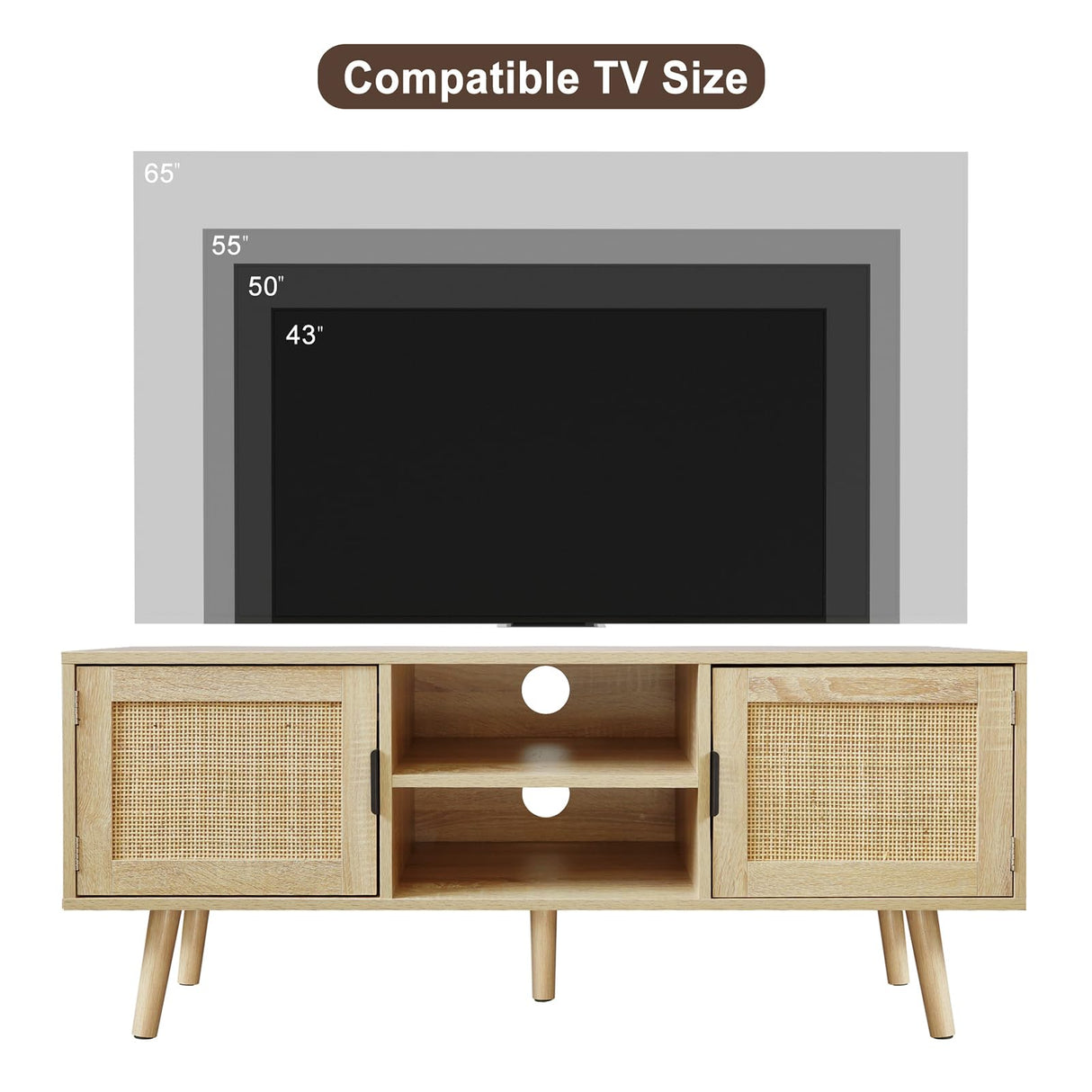Anmytek Farmhouse Rattan TV Stand Modern Wood Media Entertainment Center Console Table for TVs up to 55 Inches with 2 Doors and 2 Open Shelves, Natural Oak, H0015 Anmytek