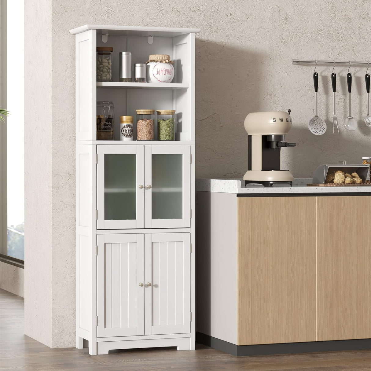 COSTWAY 64” Tall Freestanding Bathroom Storage Cabinet with Glass Doors and Adjustable Shelves in White COSTWAY