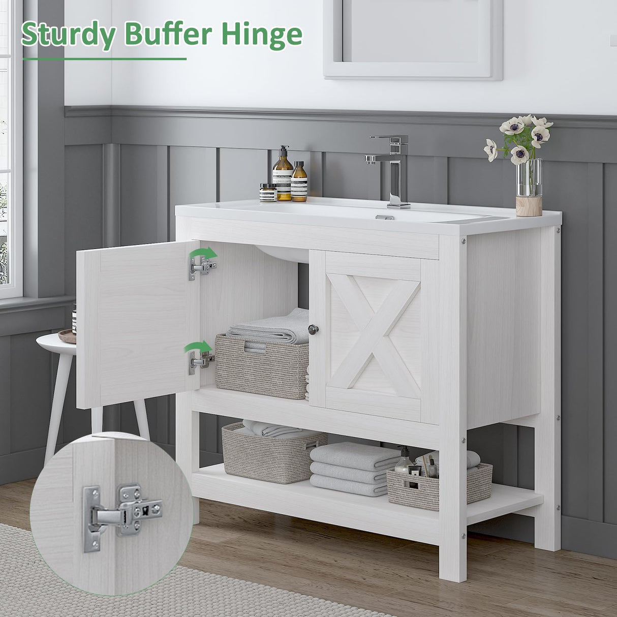 4ever2buy Farmhouse Bathroom Vanity with Sink, 35 Inch Bathroom Vanity Cabinet, Freestanding Vanity, 2 Doors and Open Shelf, Bathroom Cabinet with Ceramic Sink, White 4ever2buy