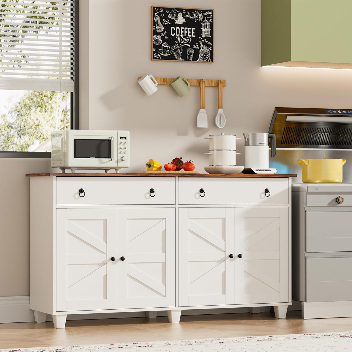 SYESWAY Buffet Cabinet with Storage, 55”Large Coffee Bar Cabinet with 2 Drawers and 4 Barn Doors, Adjustable Shelf, Modern Farmhouse Sideboard Buffet for Kitchen, Living Room, White SYESWAY