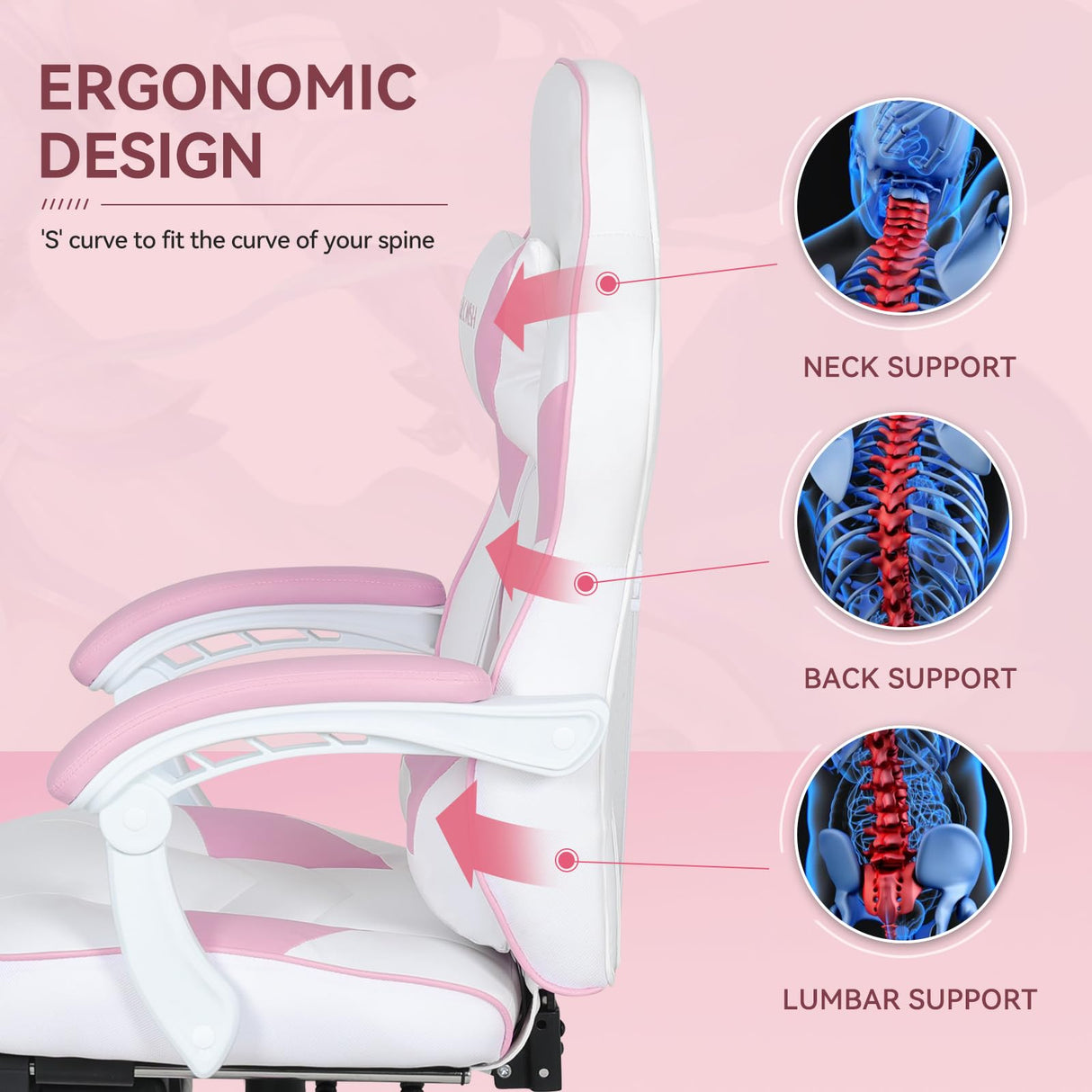 ELECWISH Pink Cute Kawaii Gaming Chair for Girl Ergonomic Desk Racing Office Adjustable High Back Game Swivel Leather Chair with Lumbar Support and Headrest, Pink ELECWISH