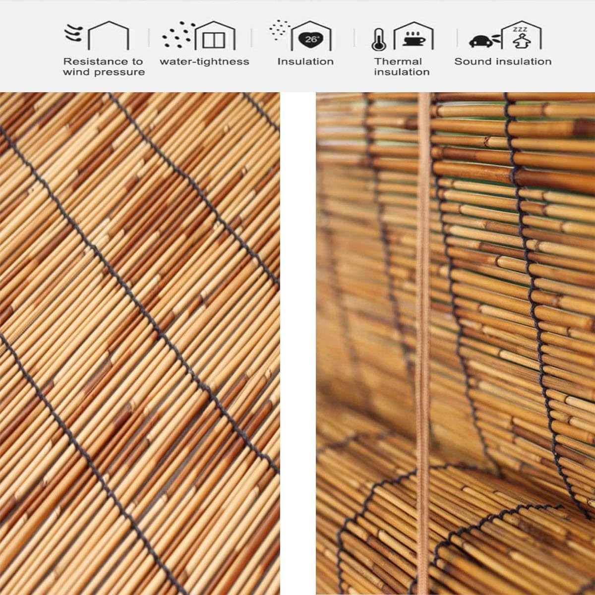 DISPRA Outdoor Light-Filtering Bamboo Roller Blind, Blackout Bamboo Blinds for Interior Windows 84"" 72"" 34"" 23"" 35"" 43"" 56"" 68"" Cordless Patio Roll up Shades for Porch Privacy Screen DISPRA