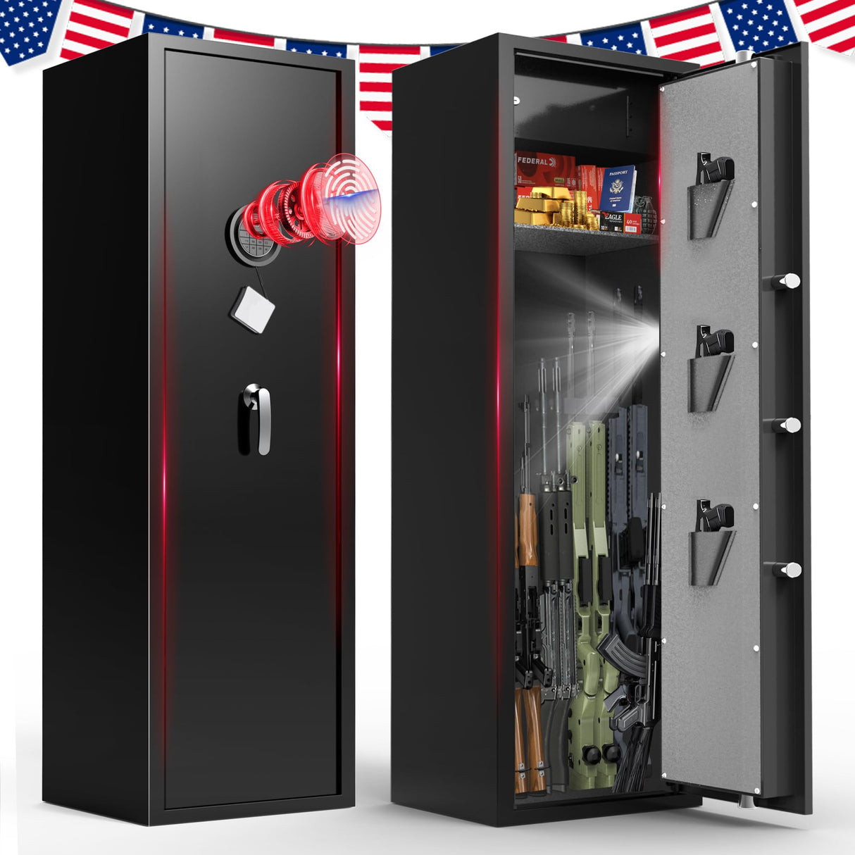 8-12 Gun Safe for Rifles and Pistols, Biometric Rifle Safe with Quick Access Fingerprint & Digital Keypad, Heavy Duty Steel Gun Cabinet with LED Light and No Assembly Required Marcree
