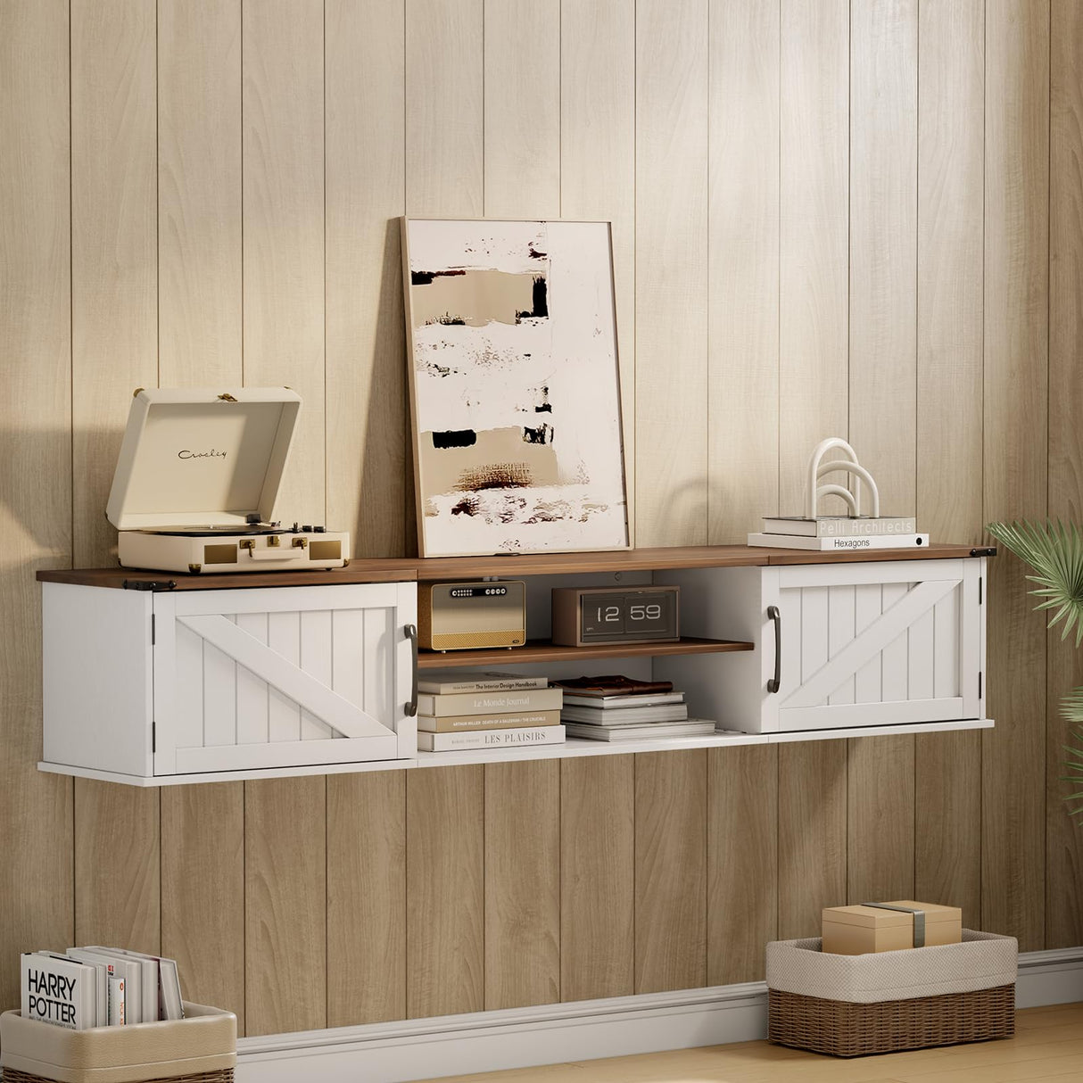 Floating TV Stand with Doors, 63'' Farmhouse Floating TV Shelf for TVs up to 80 Inch, 2 Tier Wall Mounted TV Stand, Floating Entertainment Center, TV Floating Cabinet for Living Room, Bedroom, White ALLSTAND