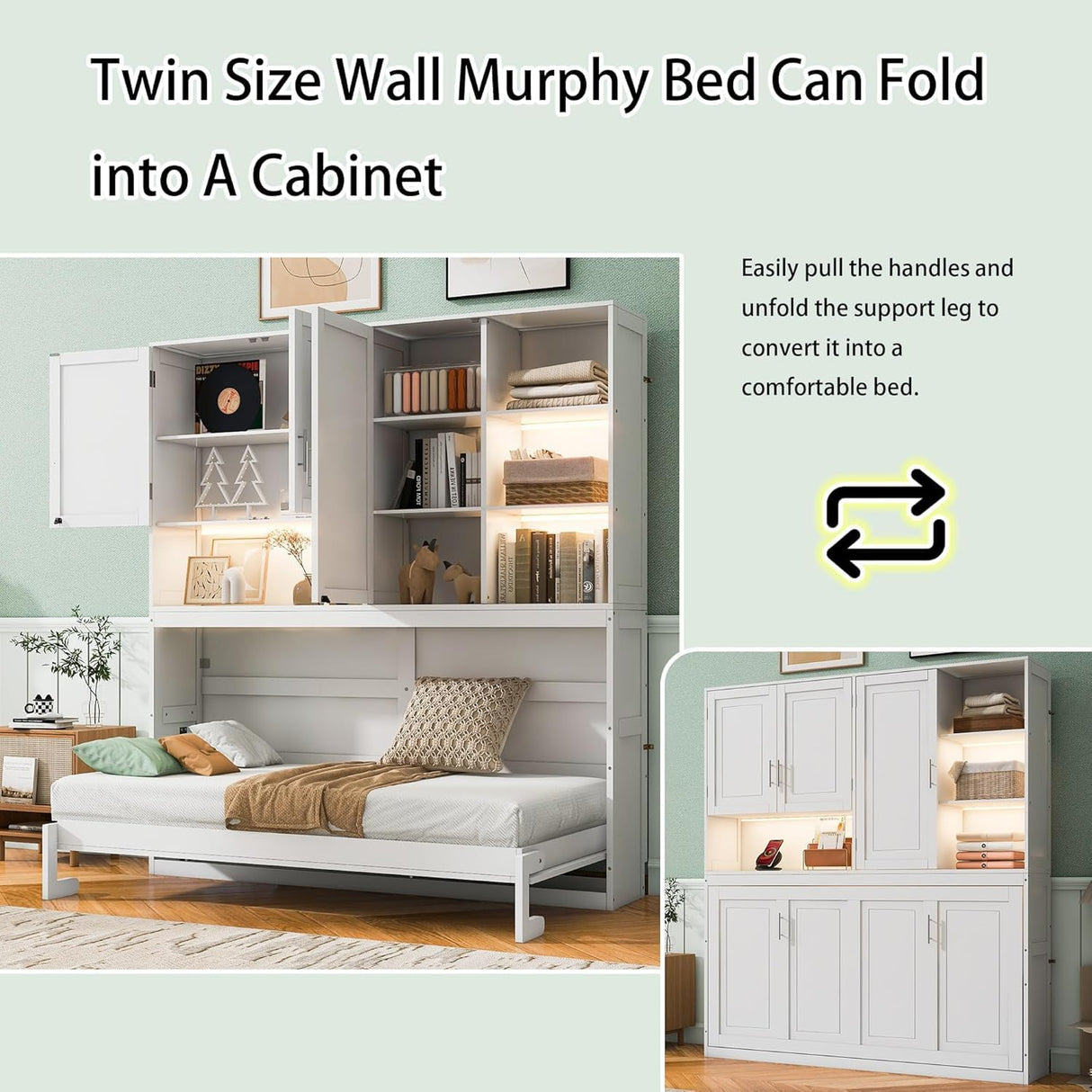 Twin Horizontal Murphy Bed with Storage Cabinet, LED Light and Charging Station,Wood Folding Murphy Wall Bed Cabinet with Bookcase and Shelves for Adult (White) MERITLINE