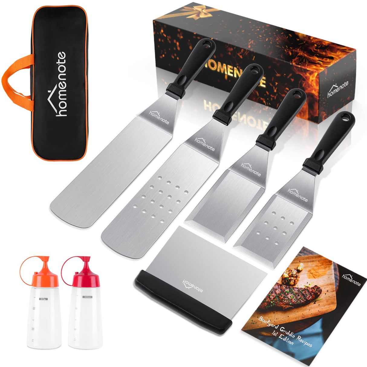 HOMENOTE Griddle Accessories Kit, Exclusive Griddle Tools Spatulas Set for Blackstone - 8 Pcs Commercial Grade Flat Top Grill Accessories - Great for Outdoor BBQ, Teppanyaki and Camping, Black homenote