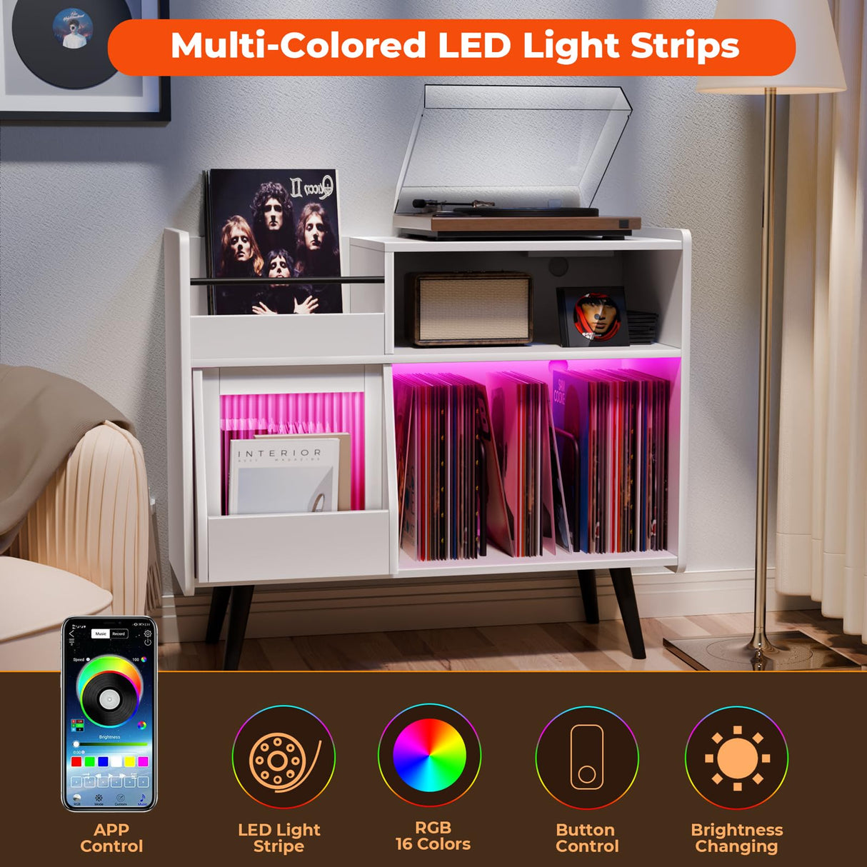 MULEJYBO Large White Record Player Stand with Sliding Door,350 Vinyl Record Storage Cabinet, Record Player Table with Power Outlet and LED Light,Turntable Stand with Wood Legs for Living Room,Office MULEJYBO