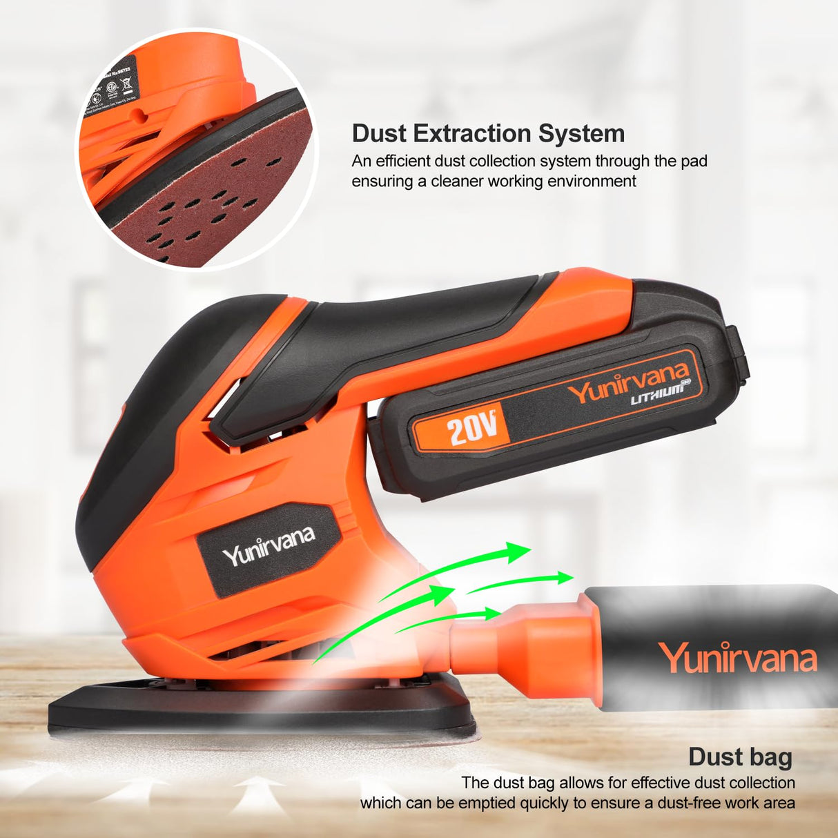 Yunirvana 20V Cordless Sander, Detail Sanders, 20Pcs Sandpapers,12000 RPM Sanders with Dust Collection System for Tight Spaces Sanding in Home Decoration, Battery and Charger Included Yunirvana