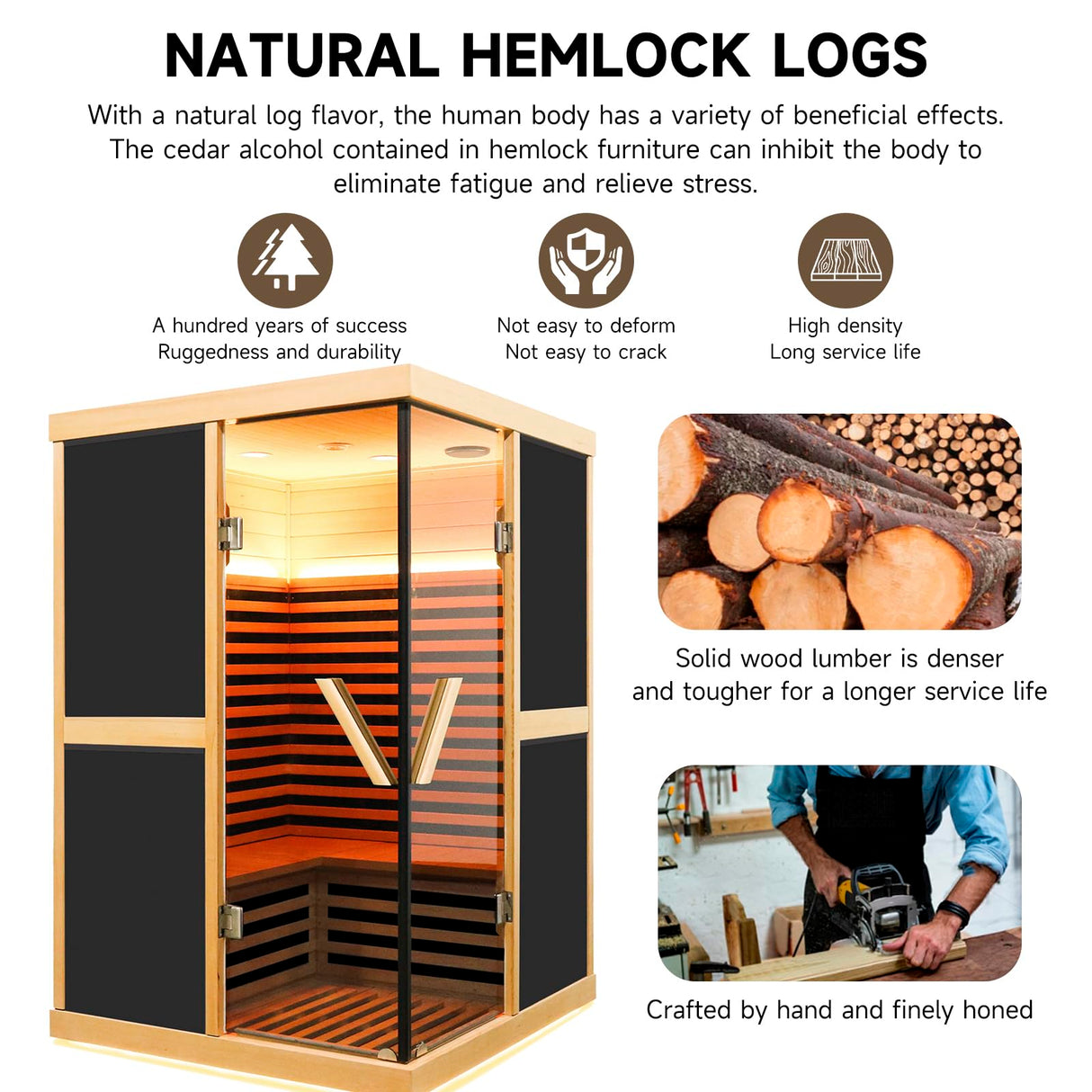 SAUNA Infrared Sauna 2 Person 1980W Low-EMF Wooden Home Spa Room Canadian Hemlock Wood Indoor Dry Saunas LCD Control Panel, APP Control 15 Minutes Pre-Warm up, Time and Temp Pre-Set, 10-Year Aftersale HOSAUNA